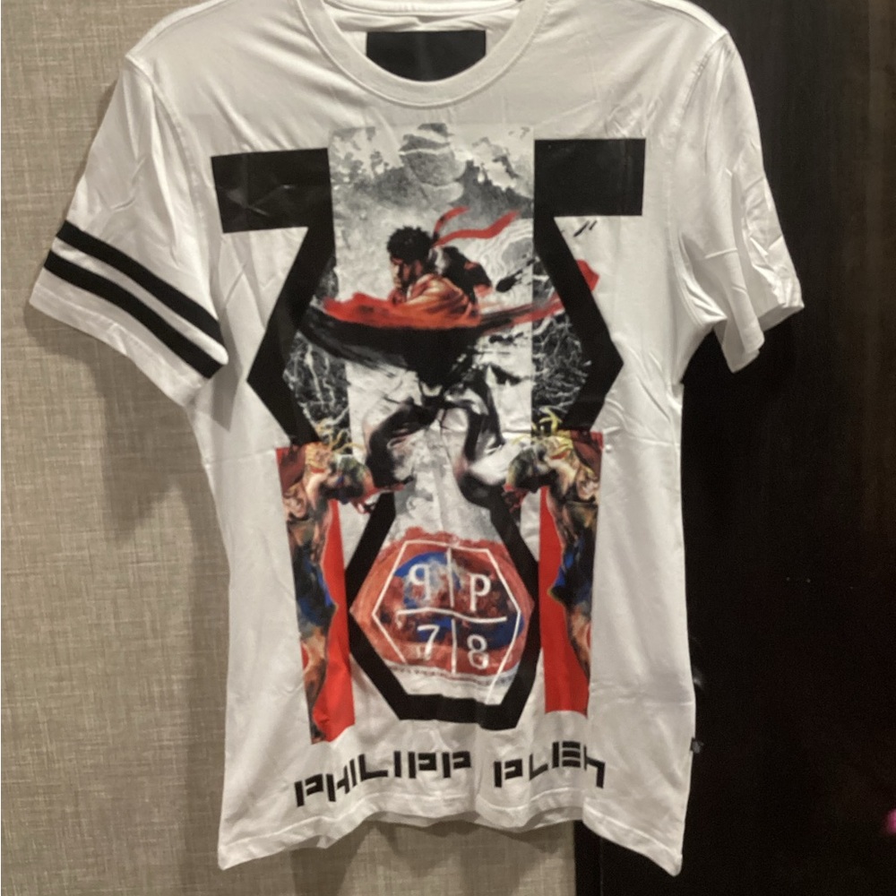 Philipp Plein White Graphic Short Sleeve Tee with Red & Black Artwork